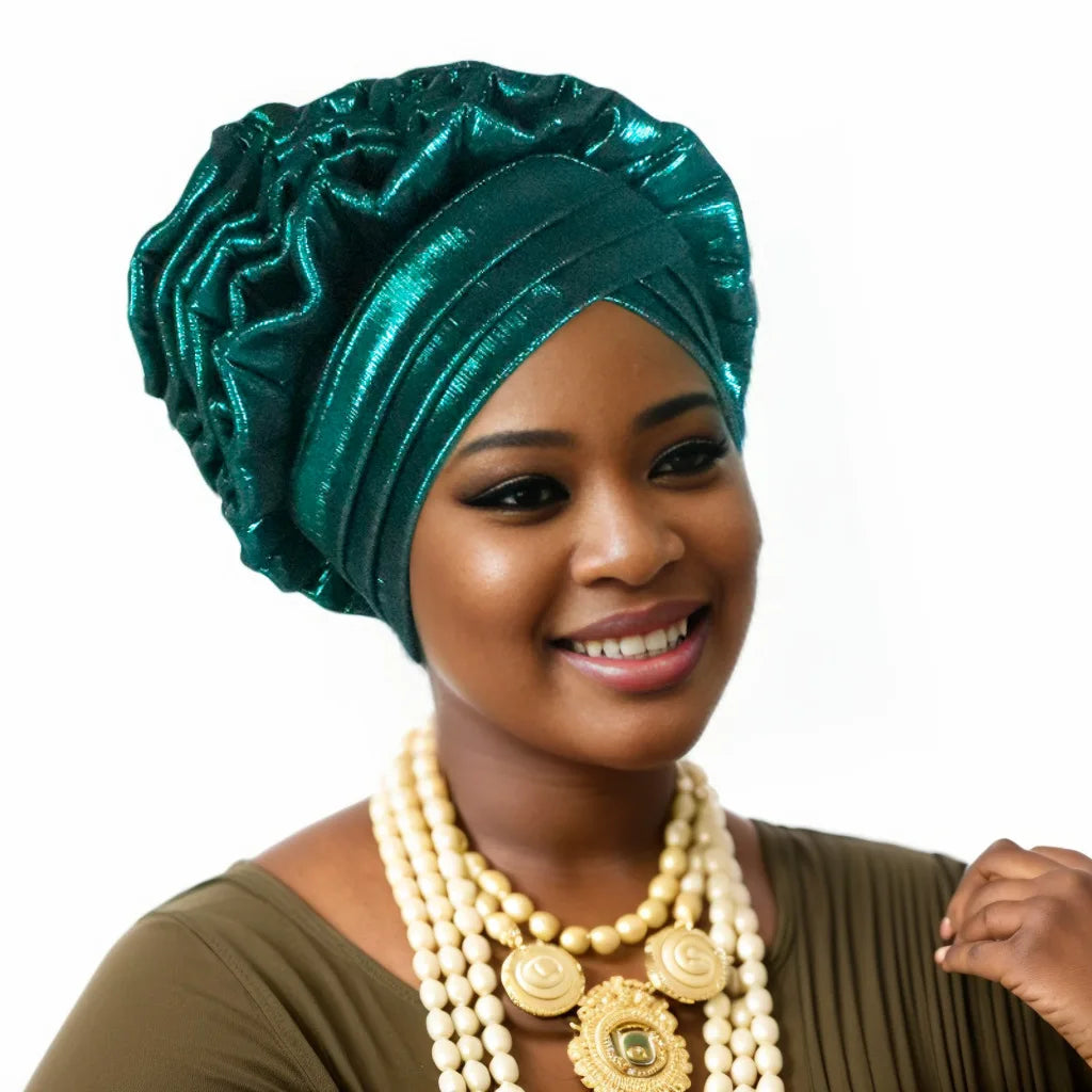 New Fashion African Auto Gele Headties Muslim Glitter Ruffled Turban Hijab Bonnet Nigerian Wedding Festival Baotou Hat for Woman